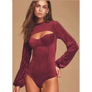Lulus Womens Striped Cutout Burgundy Velvet Bustier Bodysuit Size Medium Balloon